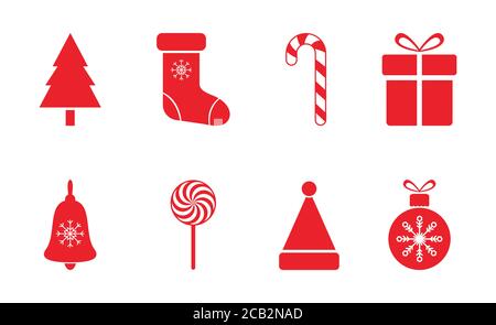 Ensemble d'icônes rouges de Noël. Éléments de décoration de Noël joyeux avec flocons de neige, chapeau de père noël, arbre de noël, boules, chaussettes, boîte cadeau, canne à sucre, cloche. Nouveau y Illustration de Vecteur