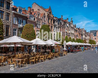 Louvain, Belgique. Vers août 2020. Paysage urbain de Louvain, Belgique avec cityhall et de beaux bâtiments historiques à Oude Markt dans la vieille ville . Banque D'Images