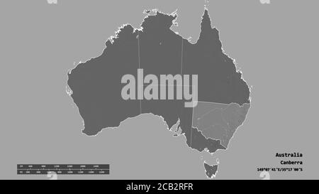 Forme désaturée de l'Australie avec sa capitale, sa principale division régionale et la région séparée de la Nouvelle-Galles du Sud. Étiquettes. Carte d'élévation à deux niveaux. Rend 3D Banque D'Images