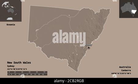 Forme de la Nouvelle-Galles du Sud, État de l'Australie, et sa capitale. Echelle de distance, aperçus et étiquettes. Carte d'altitude en couleur. Rendu 3D Banque D'Images