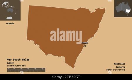 Forme de la Nouvelle-Galles du Sud, État de l'Australie, et sa capitale. Echelle de distance, aperçus et étiquettes. Composition des textures répétées. Rendu 3D Banque D'Images