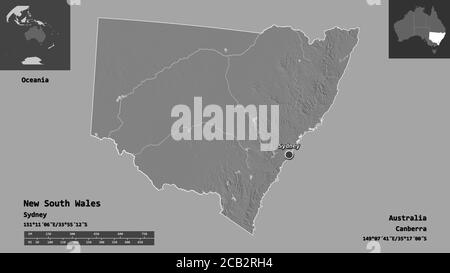 Forme de la Nouvelle-Galles du Sud, État de l'Australie, et sa capitale. Echelle de distance, aperçus et étiquettes. Carte d'élévation à deux niveaux. Rendu 3D Banque D'Images