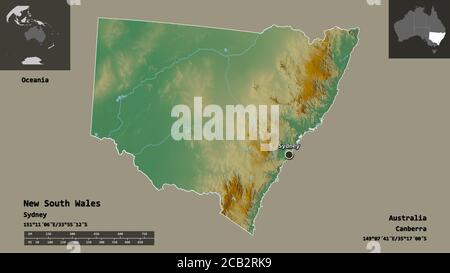 Forme de la Nouvelle-Galles du Sud, État de l'Australie, et sa capitale. Echelle de distance, aperçus et étiquettes. Carte topographique de relief. Rendu 3D Banque D'Images