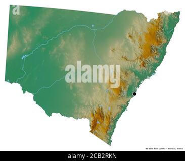 Forme de la Nouvelle-Galles du Sud, État de l'Australie, avec sa capitale isolée sur fond blanc. Carte topographique de relief. Rendu 3D Banque D'Images