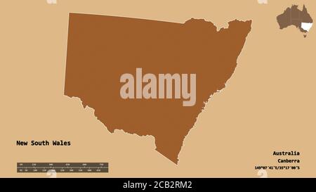 Forme de la Nouvelle-Galles du Sud, État de l'Australie, avec sa capitale isolée sur fond solide. Échelle de distance, aperçu de la région et libellés. Composition de Banque D'Images