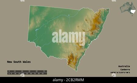 Forme de la Nouvelle-Galles du Sud, État de l'Australie, avec sa capitale isolée sur fond solide. Échelle de distance, aperçu de la région et libellés. Topographique, réf Banque D'Images