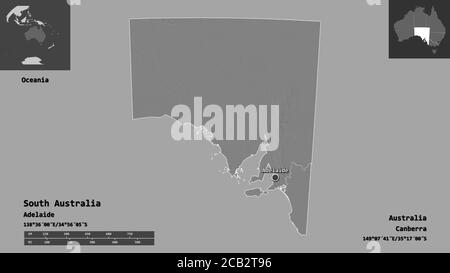 Forme de l'Australie du Sud, état de l'Australie, et sa capitale. Echelle de distance, aperçus et étiquettes. Carte d'élévation à deux niveaux. Rendu 3D Banque D'Images