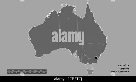 Forme désaturée de l'Australie avec sa capitale, sa principale division régionale et la région séparée de la Tasmanie. Étiquettes. Carte d'élévation à deux niveaux. Rendu 3D Banque D'Images