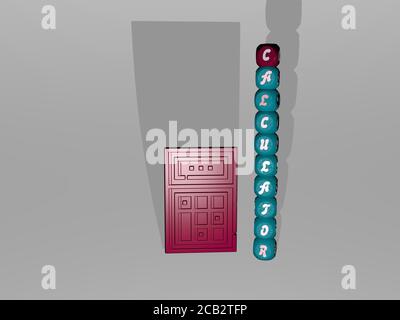 Texte de la calculatrice à côté de l'icône 3D. Illustration 3D. Entreprise et concept Banque D'Images
