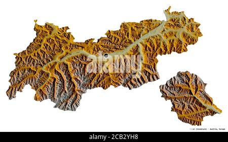 Forme du Tyrol, état de l'Autriche, avec sa capitale isolée sur fond blanc. Carte topographique de relief. Rendu 3D Banque D'Images