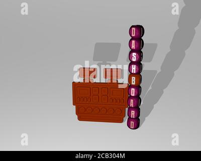 Texte DU TABLEAU DE BORD à côté de l'icône 3D. Illustration 3D. Voiture et arrière-plan Banque D'Images