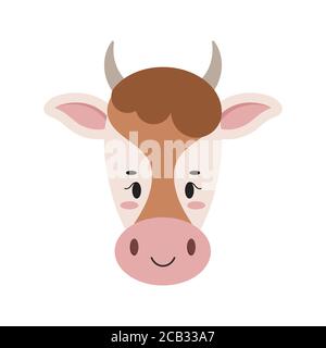 Jolie tête de vache de ferme avec des oreilles et des cornes icône isolée sur fond blanc. Illustration de Vecteur