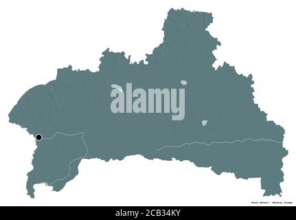 Forme de Brest, région du Bélarus, avec sa capitale isolée sur fond blanc. Carte d'altitude en couleur. Rendu 3D Banque D'Images