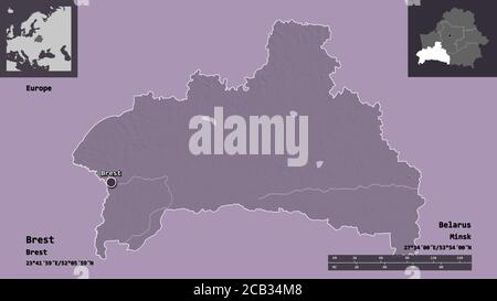 Forme de Brest, région du Bélarus, et sa capitale. Echelle de distance, aperçus et étiquettes. Carte d'altitude en couleur. Rendu 3D Banque D'Images