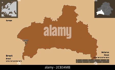 Forme de Brest, région du Bélarus, et sa capitale. Echelle de distance, aperçus et étiquettes. Composition des textures répétées. Rendu 3D Banque D'Images