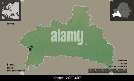 Forme de Brest, région du Bélarus, et sa capitale. Echelle de distance, aperçus et étiquettes. Carte topographique de relief. Rendu 3D Banque D'Images