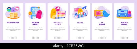 Journaux, radio, télévision et actualités en ligne. Écrans d'intégration d'applications mobiles, modèle de bannière de site Web vectoriel Illustration de Vecteur
