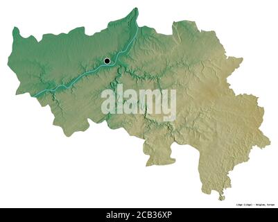 Forme de Liège, province de Belgique, avec sa capitale isolée sur fond blanc. Carte topographique de relief. Rendu 3D Banque D'Images