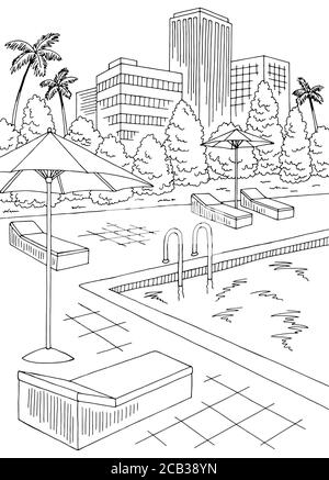 Piscine grand hôtel graphique noir blanc vertical paysage croquis vecteur d'illustration Illustration de Vecteur