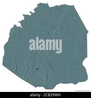 Forme d'Atakora, département du Bénin, avec sa capitale isolée sur fond blanc. Carte d'altitude en couleur. Rendu 3D Banque D'Images