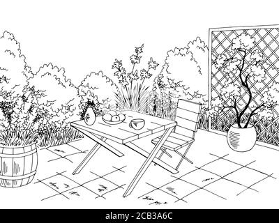 Jardin graphique arrière-cour table noir blanc esquisse illustration vecteur Illustration de Vecteur