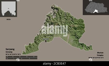 Forme de Sarpang, district du Bhoutan, et sa capitale. Echelle de distance, aperçus et étiquettes. Imagerie satellite. Rendu 3D Banque D'Images