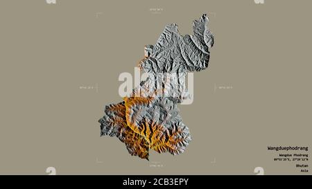 Zone de Wangduephodrang, district du Bhoutan, isolée sur un fond solide dans une boîte englobante géoréférencée. Étiquettes. Carte topographique de relief. Rendu 3D Banque D'Images