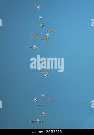 Trafic aérien au-dessus des îles Maldives, (10 août 2020, UTC 11.05) sur Internet avec le site Flightracar 24, pendant la pandémie du coronavirus Banque D'Images