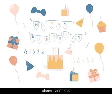 Ensemble anniversaire. Joyeux anniversaire éléments de décoration dans le style vectoriel plat Illustration de Vecteur