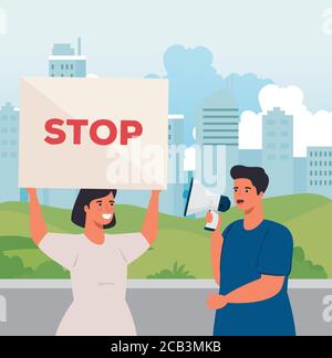 couple avec des pancartes de protestations dans le paysage urbain Illustration de Vecteur