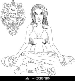 Illustration vectorielle avec une fille en position lotus et accessoires spa. Dessin au trait isolé sur fond blanc. Design pour un spa, salon de beauté et de massage, produit de santé biologique, studio de yoga Illustration de Vecteur