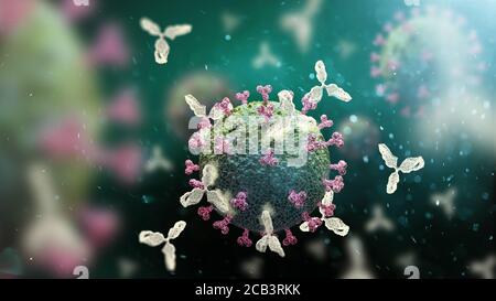 Anticorps attaquant le virus du SRAS-COV-2, illustration 3D pour le traitement, le diagnostic et la prévention du coronavirus chinois COVID19 Banque D'Images