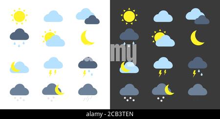 Icônes météo définies. Icônes de l'application météo vectorielle colorées sur fond noir et blanc Illustration de Vecteur