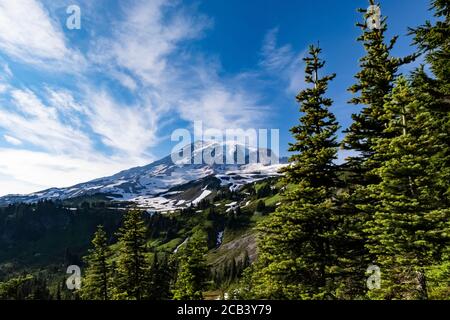 Les nuages de cirrus d'été au-dessus des prairies du Paradis en juillet dans le parc national du Mont Rainier, État de Washington, États-Unis Banque D'Images