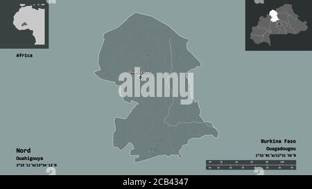 Forme du Nord, région du Burkina Faso, et sa capitale. Echelle de distance, aperçus et étiquettes. Carte d'altitude en couleur. Rendu 3D Banque D'Images