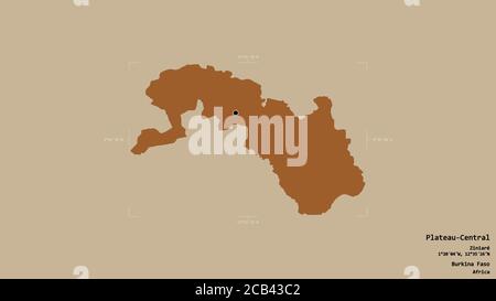 Région du plateau-Central, région du Burkina Faso, isolée sur fond solide dans une boîte englobante géoréférencée. Étiquettes. Composition du texte répété Banque D'Images