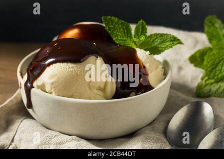 Glace à la vanille surgelée maison avec sirop au chocolat Banque D'Images