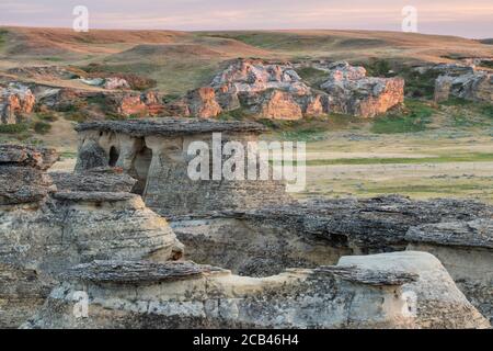 Gribouillages en grès au coucher du soleil, écriture dans le parc provincial Stone, Alberta, Canada Banque D'Images