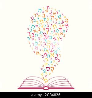 Éducation juive. Lecture de la Torah. Toutes les lettres de l'alphabet hébreu, fond juif ABC. Caractères hébraïques dans le nuage de mots. Nuage de caractères de texte du bo Illustration de Vecteur