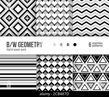 Paquet de papier numérique, lot de 6 motifs abstraits sans couture. Arrière-plans géométriques abstraits - chevron, triangles, rayures. Illustration vectorielle. Noir et Illustration de Vecteur