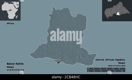 Forme de Basse-Kotto, préfecture de la République centrafricaine, et de sa capitale. Echelle de distance, aperçus et étiquettes. Carte d'altitude en couleur. Rendu 3D Banque D'Images