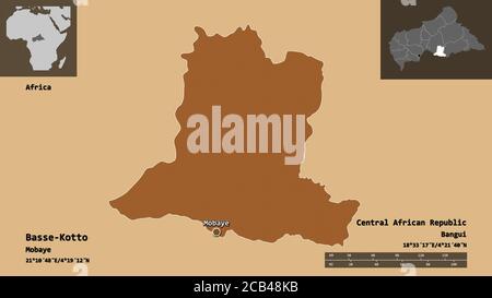 Forme de Basse-Kotto, préfecture de la République centrafricaine, et de sa capitale. Echelle de distance, aperçus et étiquettes. Composition des textures répétées. Banque D'Images
