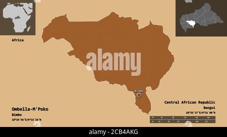 Forme d'Ombella-m'Poko, préfecture de la République centrafricaine, et de sa capitale. Echelle de distance, aperçus et étiquettes. Composition de texte à motifs Banque D'Images