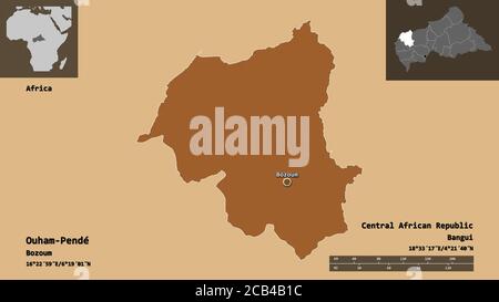 Forme d'Ouham-Pendé, préfecture de la République centrafricaine, et de sa capitale. Echelle de distance, aperçus et étiquettes. Composition des textures répétées. Banque D'Images