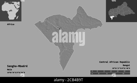Forme de Sangha-Mbaéré, préfecture économique de la République centrafricaine, et de sa capitale. Echelle de distance, aperçus et étiquettes. Carte d'élévation à deux niveaux. Banque D'Images