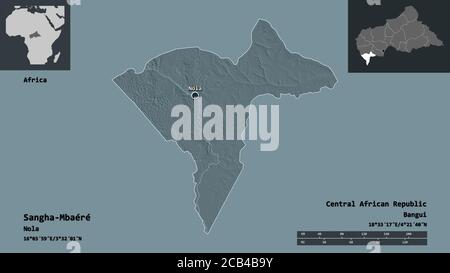 Forme de Sangha-Mbaéré, préfecture économique de la République centrafricaine, et de sa capitale. Echelle de distance, aperçus et étiquettes. Carte d'altitude en couleur. Banque D'Images