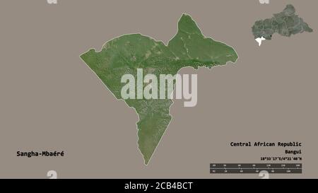 Forme de Sangha-Mbaéré, préfecture économique de la République centrafricaine, avec sa capitale isolée sur fond solide. Echelle de distance, aperçu de la région Banque D'Images
