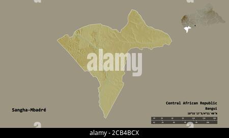 Forme de Sangha-Mbaéré, préfecture économique de la République centrafricaine, avec sa capitale isolée sur fond solide. Echelle de distance, aperçu de la région Banque D'Images