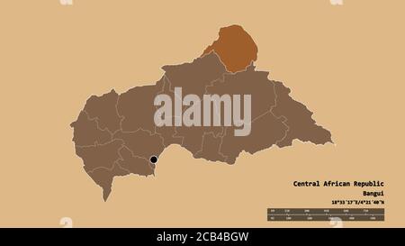 Forme désaturée de la République centrafricaine avec sa capitale, sa principale division régionale et la région séparée de Vakaga. Étiquettes. Composition de la répétition Banque D'Images