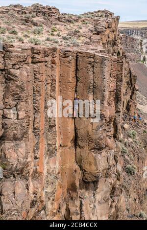 Rock grimpeurs Ascend sur vertical Basalt Rock à Frenchmen Coulee Près de Columbia River plateau Area Washington State Banque D'Images